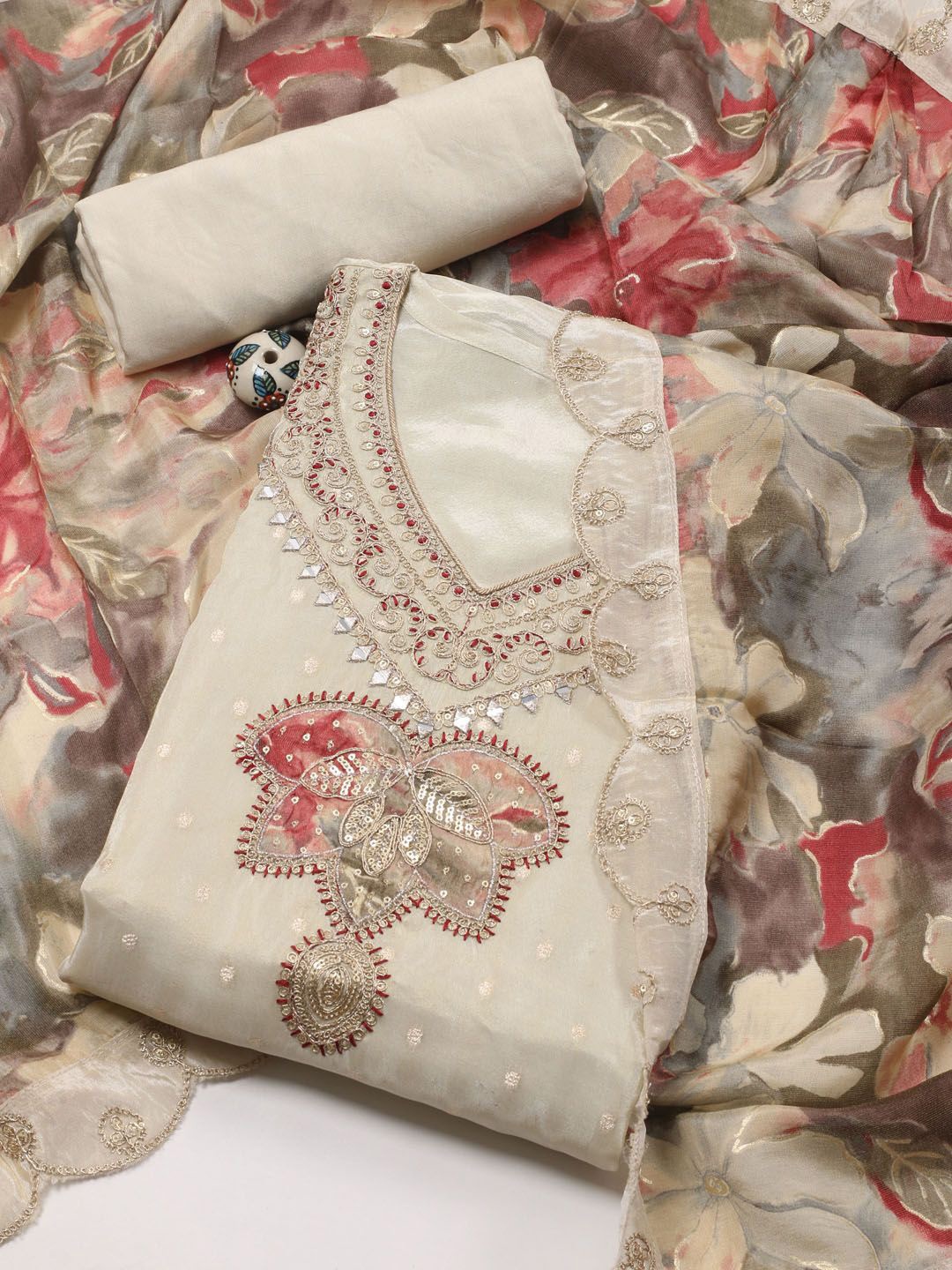 

Meena Bazaar Ethnic Motifs Woven Design Mirror Work Unstitched Dress Material, Cream