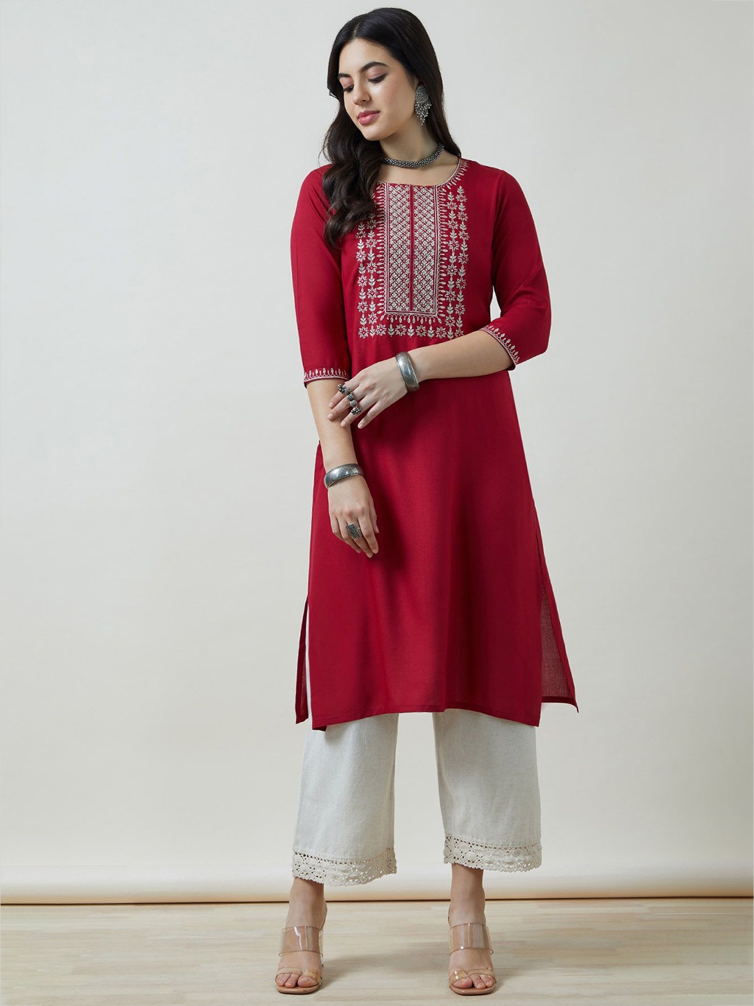 

Soch Women Rayon Embroidered Kurta With Faux Mirror, Maroon