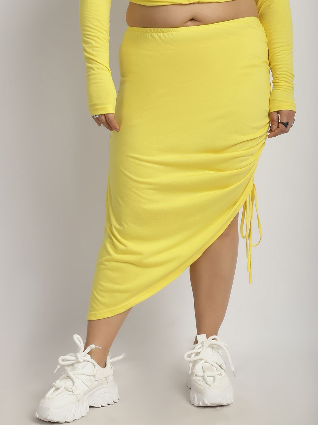 

thkgrlz Women Ruched Midi A-Line Skirt, Yellow