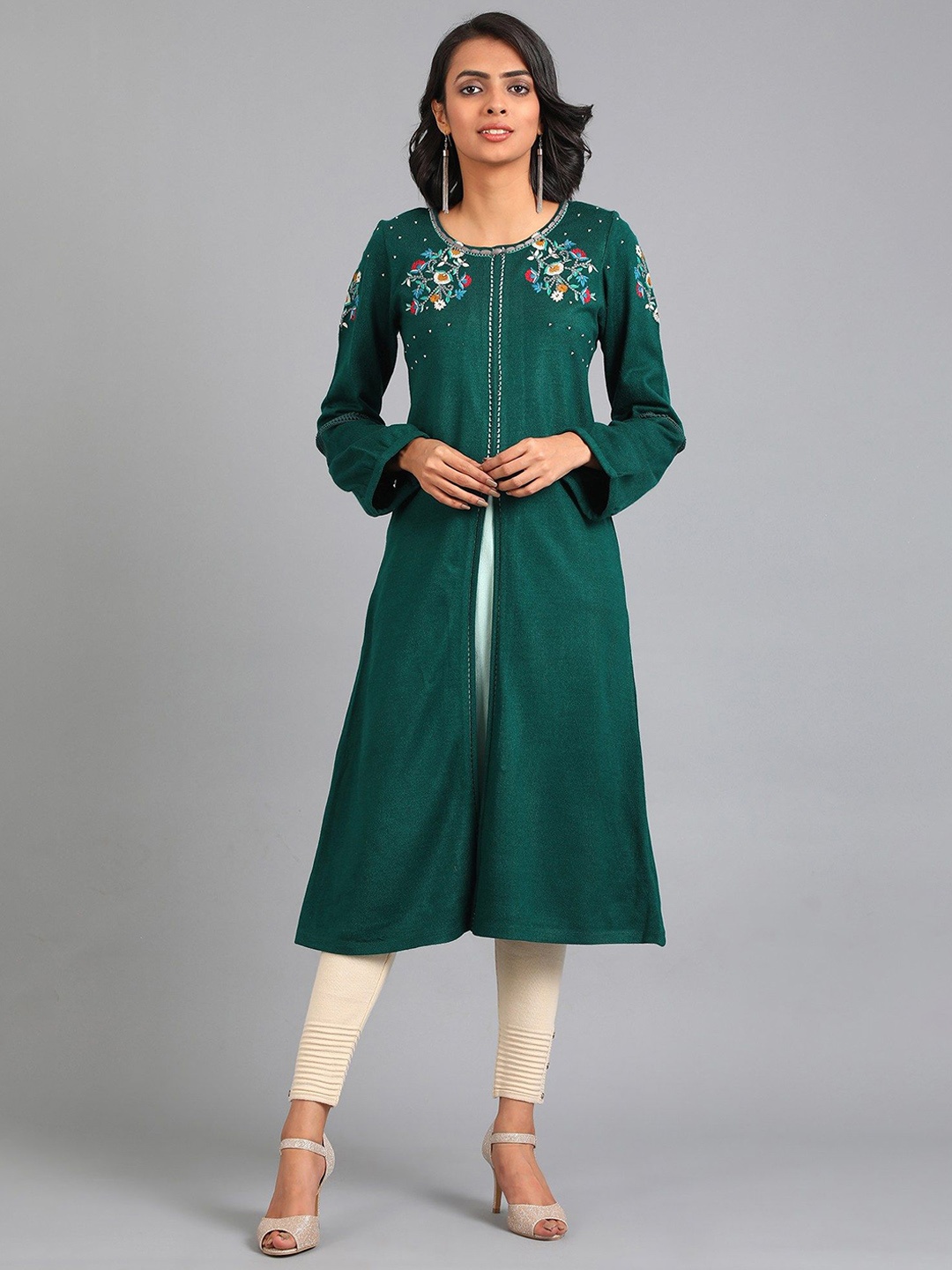 

W Floral Yoke Design A-Line Kurta, Green