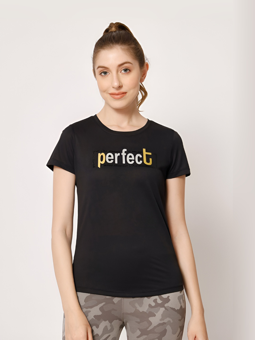 

PERFKT-U Women Printed Round Neck T-shirt, Black