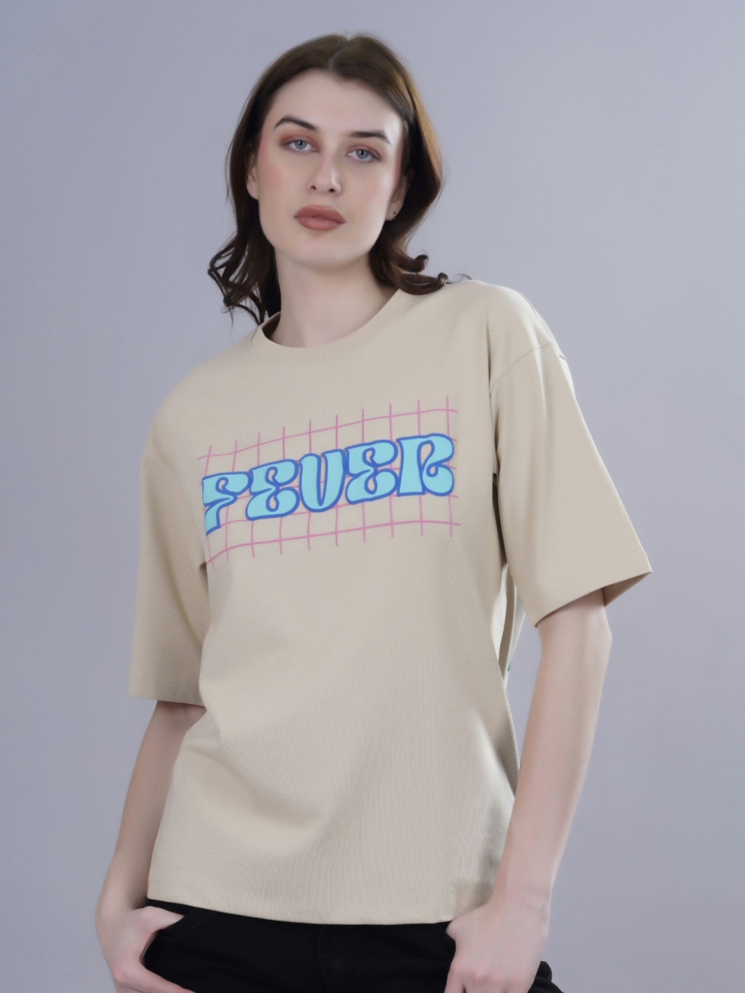 

FEVER HUNT Women Typography Printed Round Neck Cotton Oversized T-Shirt, Beige