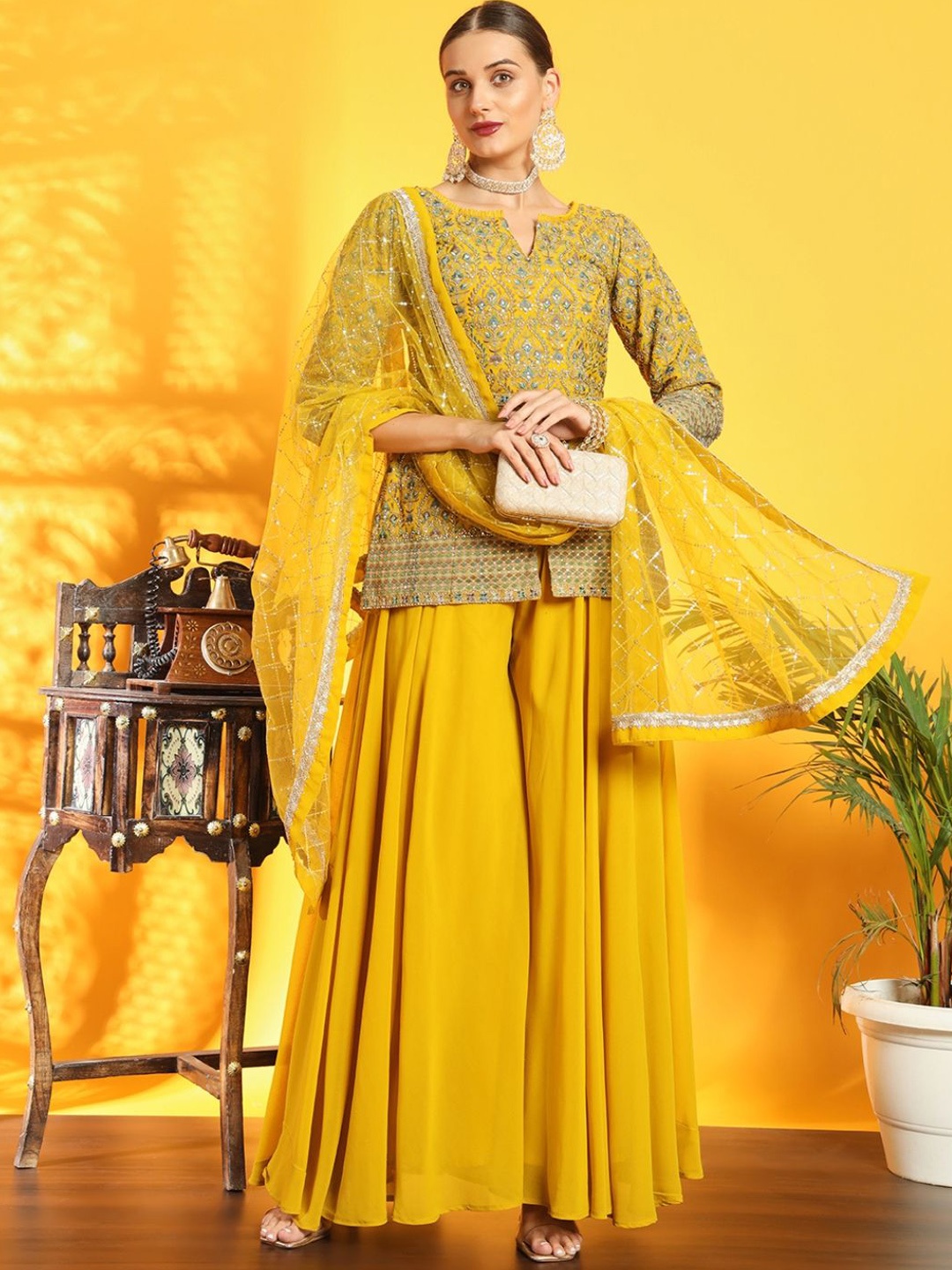 

Chhabra 555 Floral Embroidered Sequinned Georgette Straight Kurta With Palazzos & Dupatta, Yellow