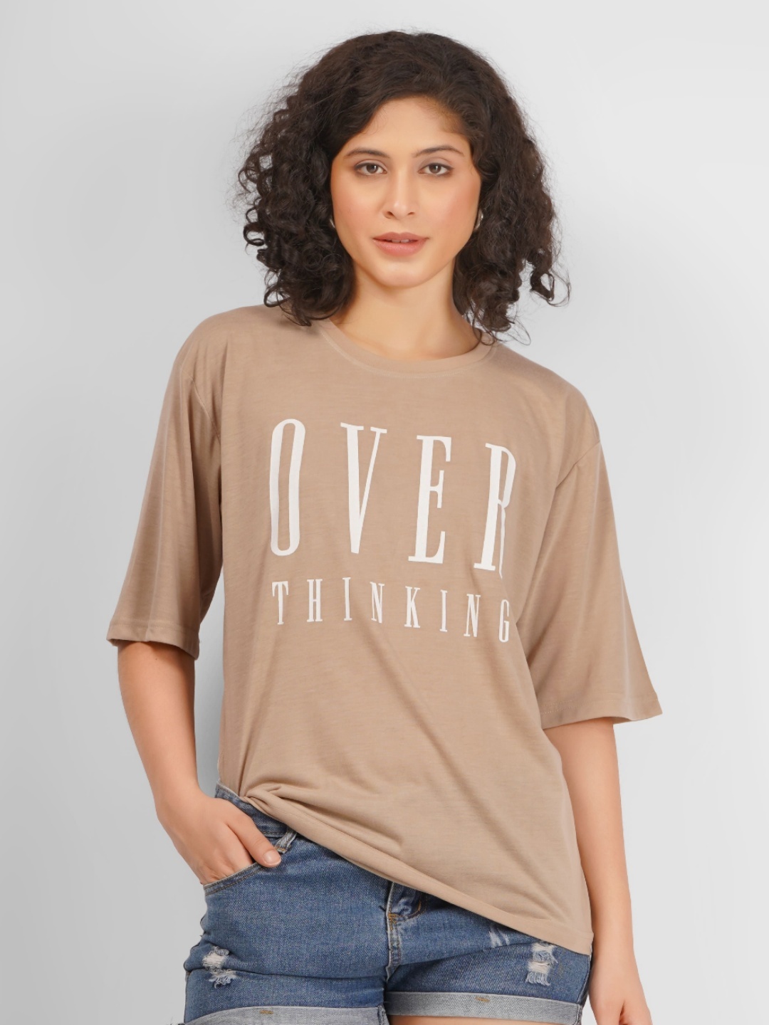 

MIMID Women Typography Printed Round Neck Cotton Oversized T-Shirt, Brown