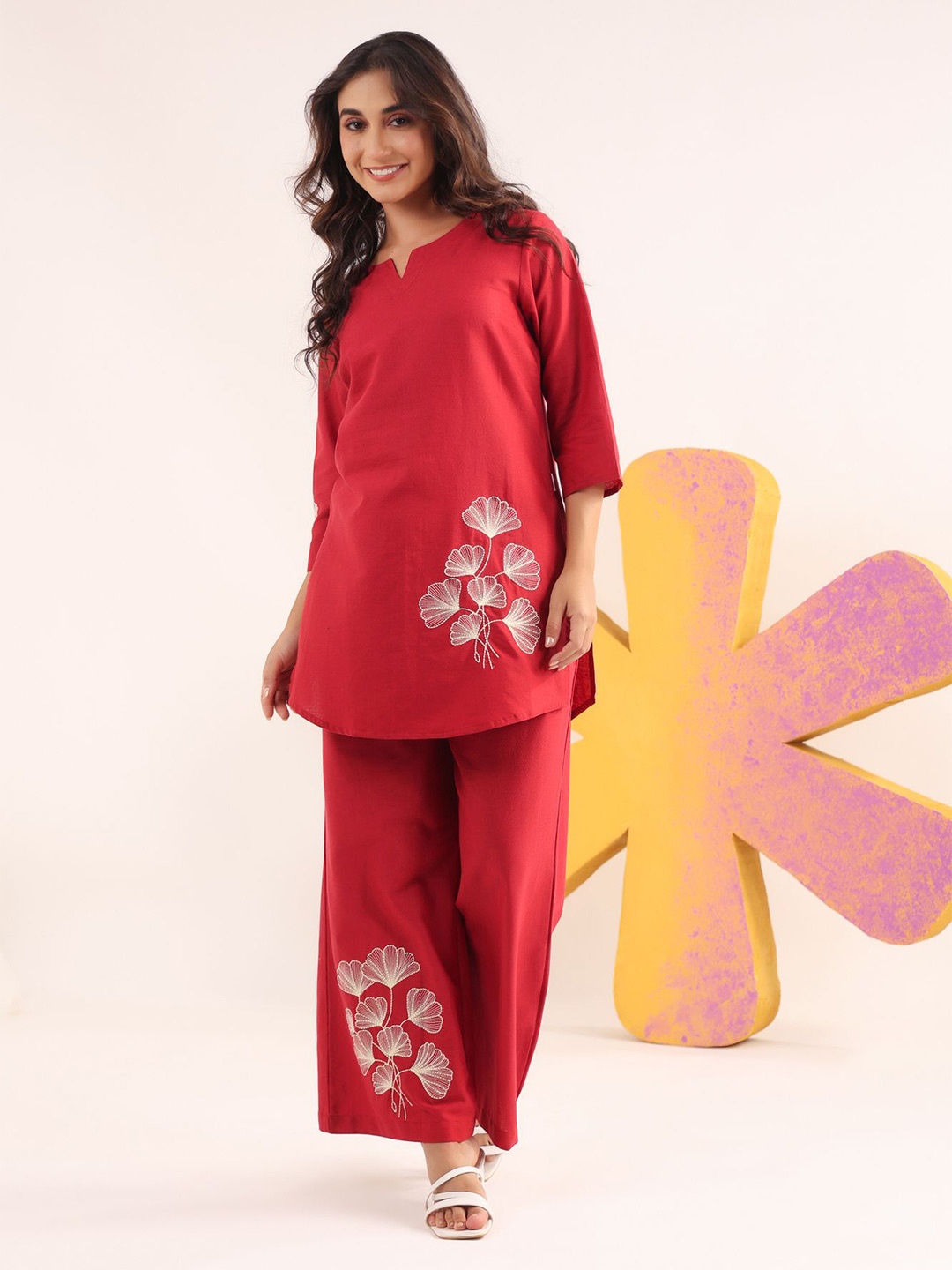 

JISORA Embroidered Pure Cotton Top With Palazzos, Red