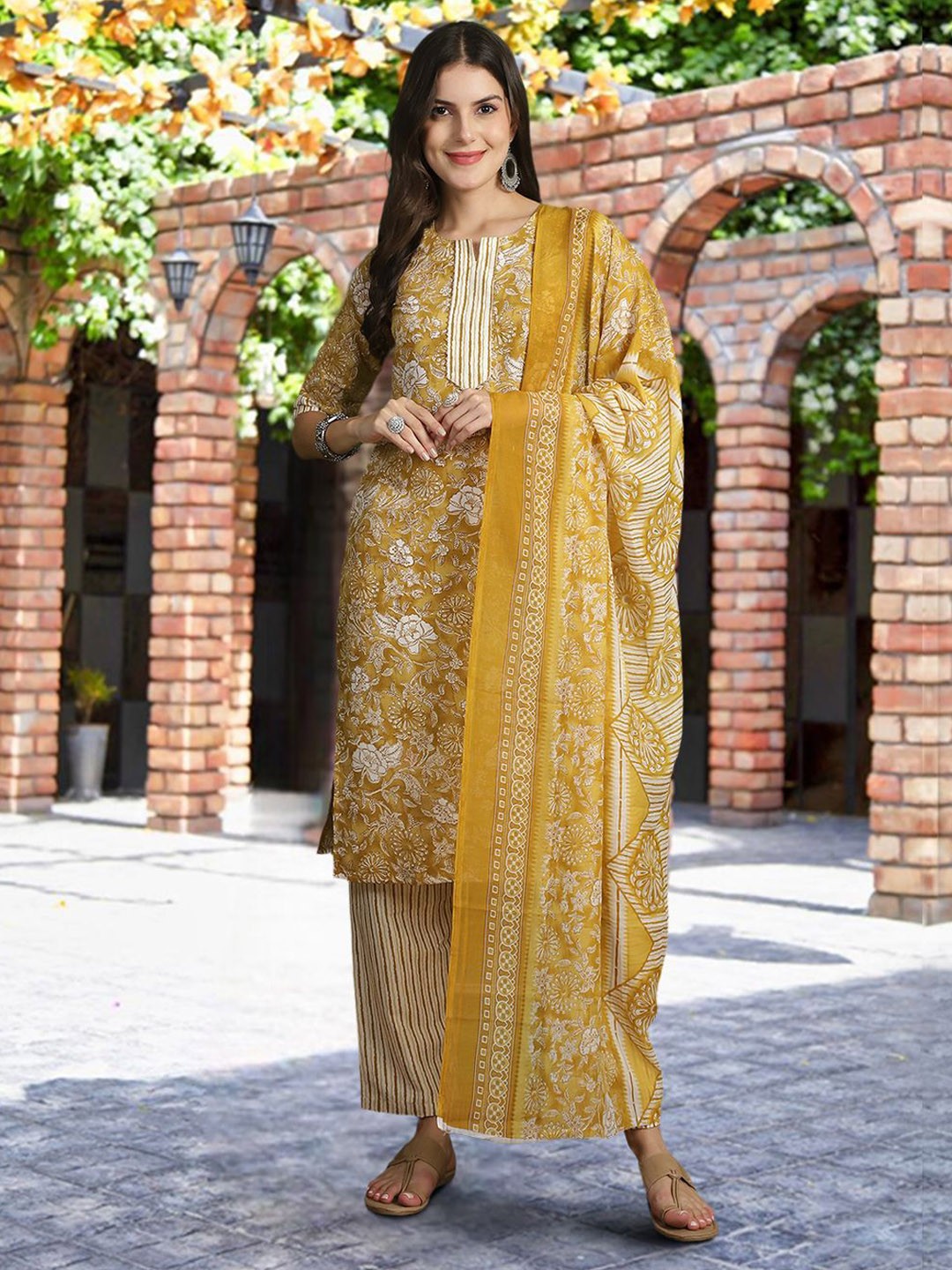 

Ethnic basket Floral Printed Pure Cotton Straight Kurta With Trousers & Dupatta, Mustard