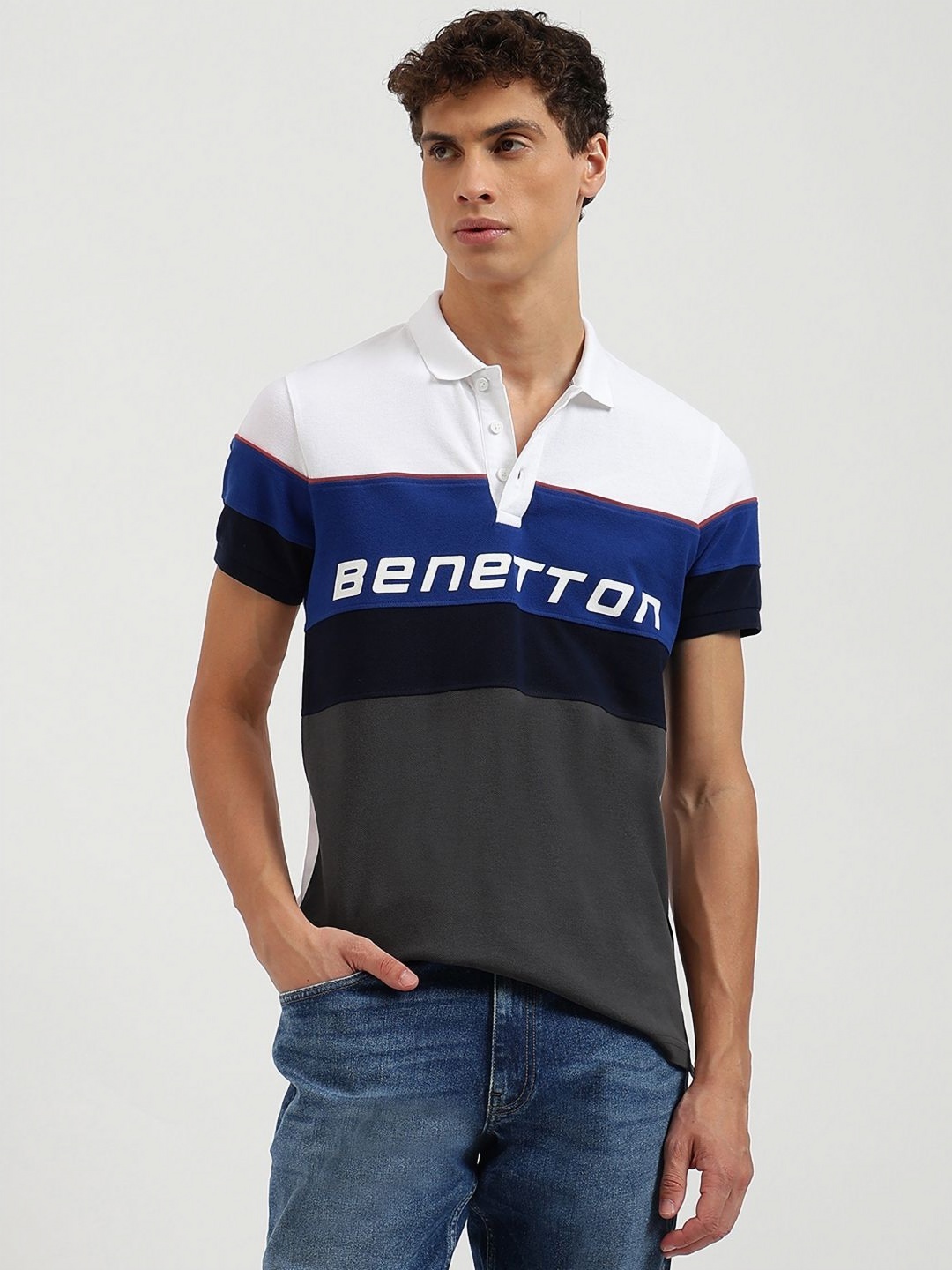 

United Colors of Benetton Men Typography Colourblocked Polo Collar Pure Cotton Applique T-shirt, White