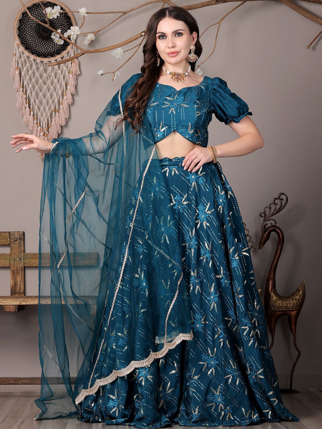 

Ethnovog Embroidered Sequinned Ready to Wear Lehenga & Blouse With Dupatta, Teal