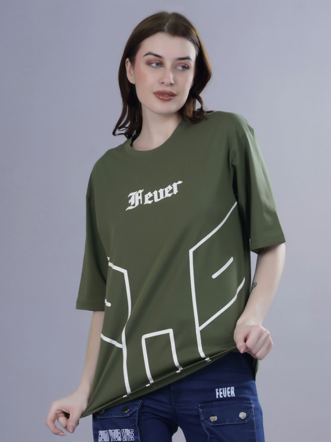 

FEVER HUNT Women Graphic Printed Round Neck Cotton Oversized T-Shirt, Green