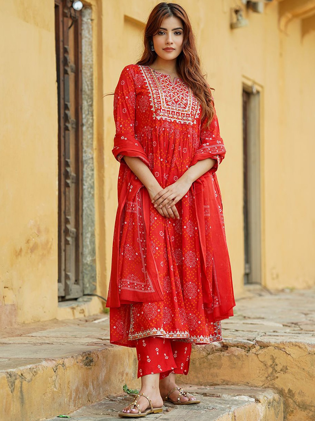 

KALINI Bandhani Printed Thread Work Pure Cotton A-Line Kurta With Trousers & Dupatta, Red