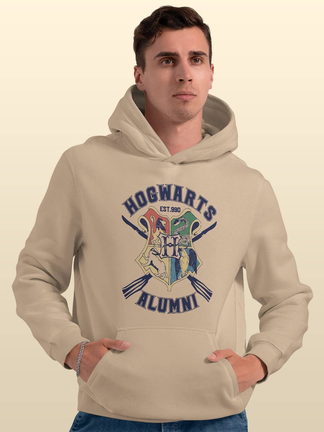 

macmerise Men Printed Hooded Sweatshirt, Beige