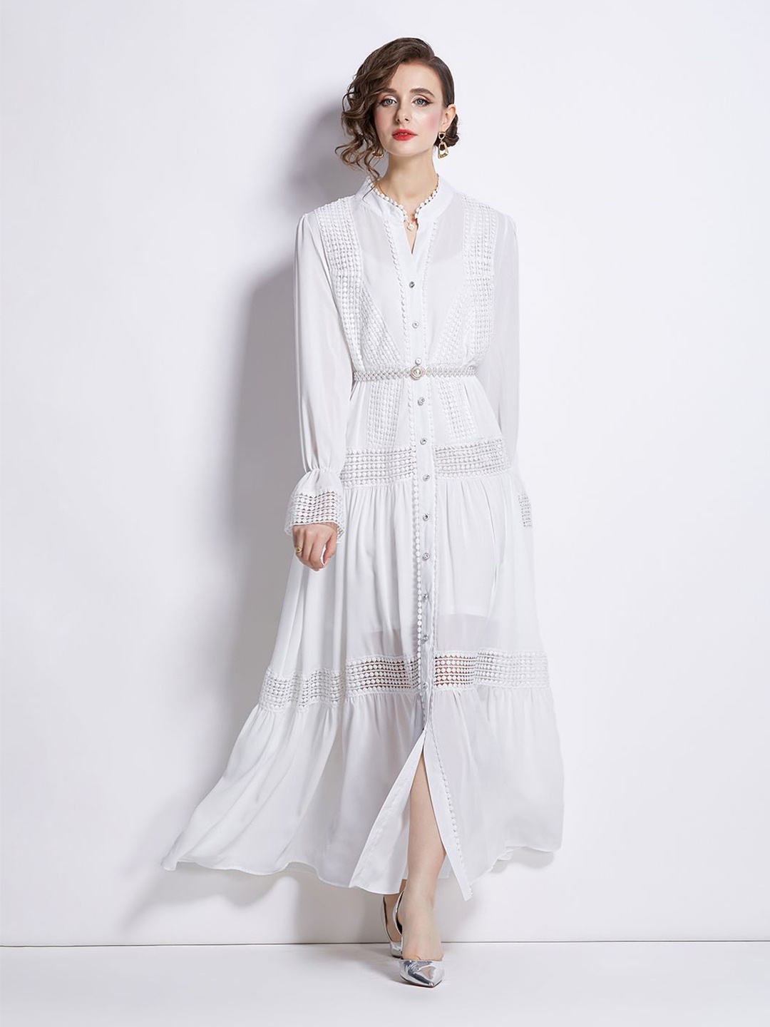 

JC Collection Mandarine Collar Embroidered A-line Maxi Dress, White