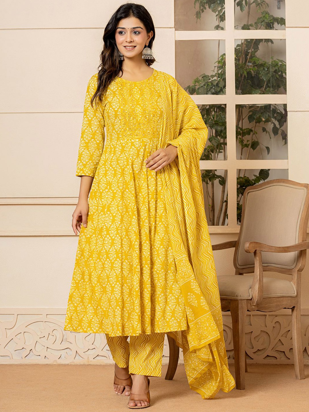 

Yufta Floral Printed Sequinned Pure Cotton Anarkali Kurta With Trousers & Dupatta, Yellow