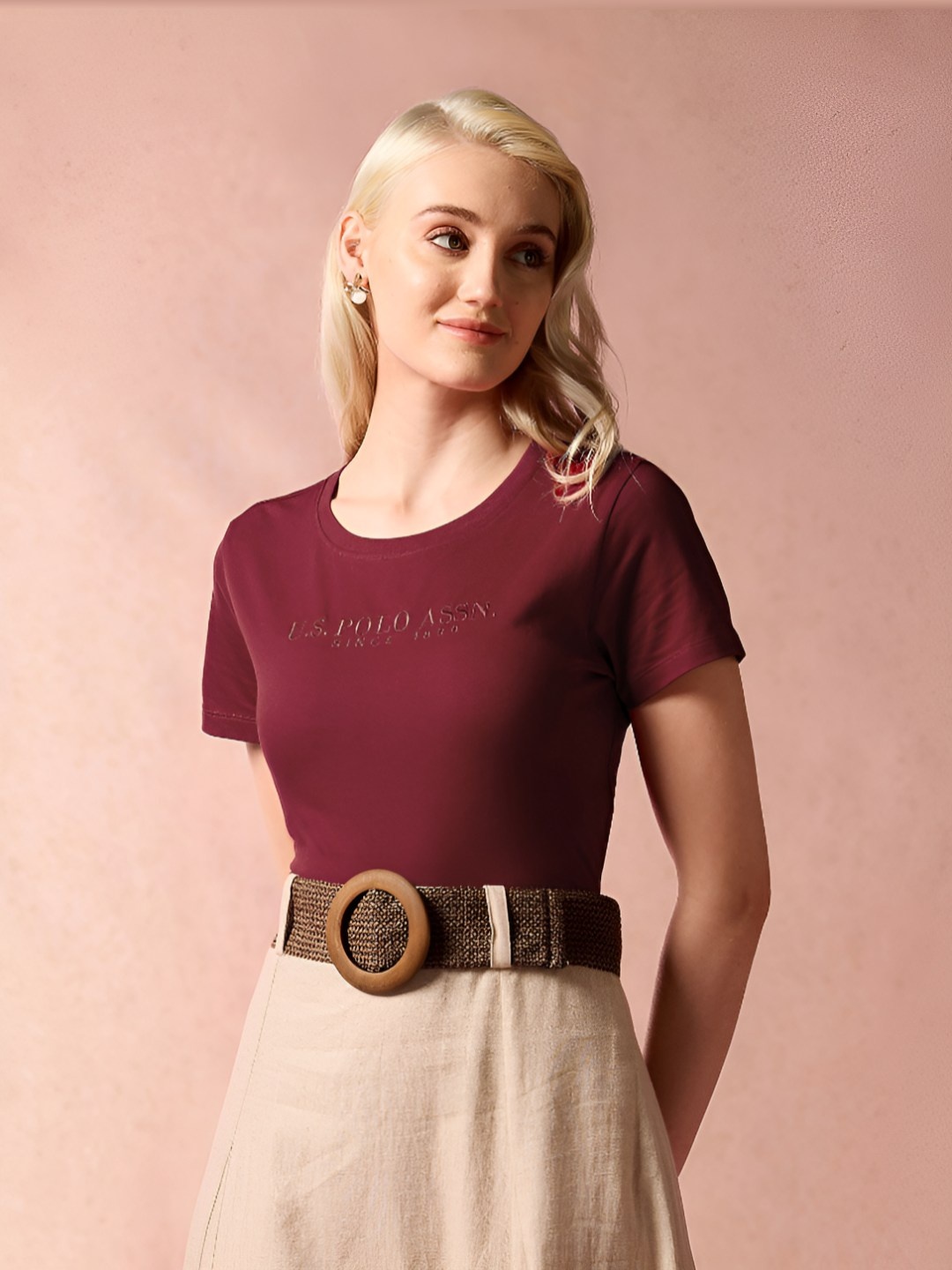 

U.S. Polo Assn. Women Typography Printed Round Neck Pure Cotton T-Shirt, Red