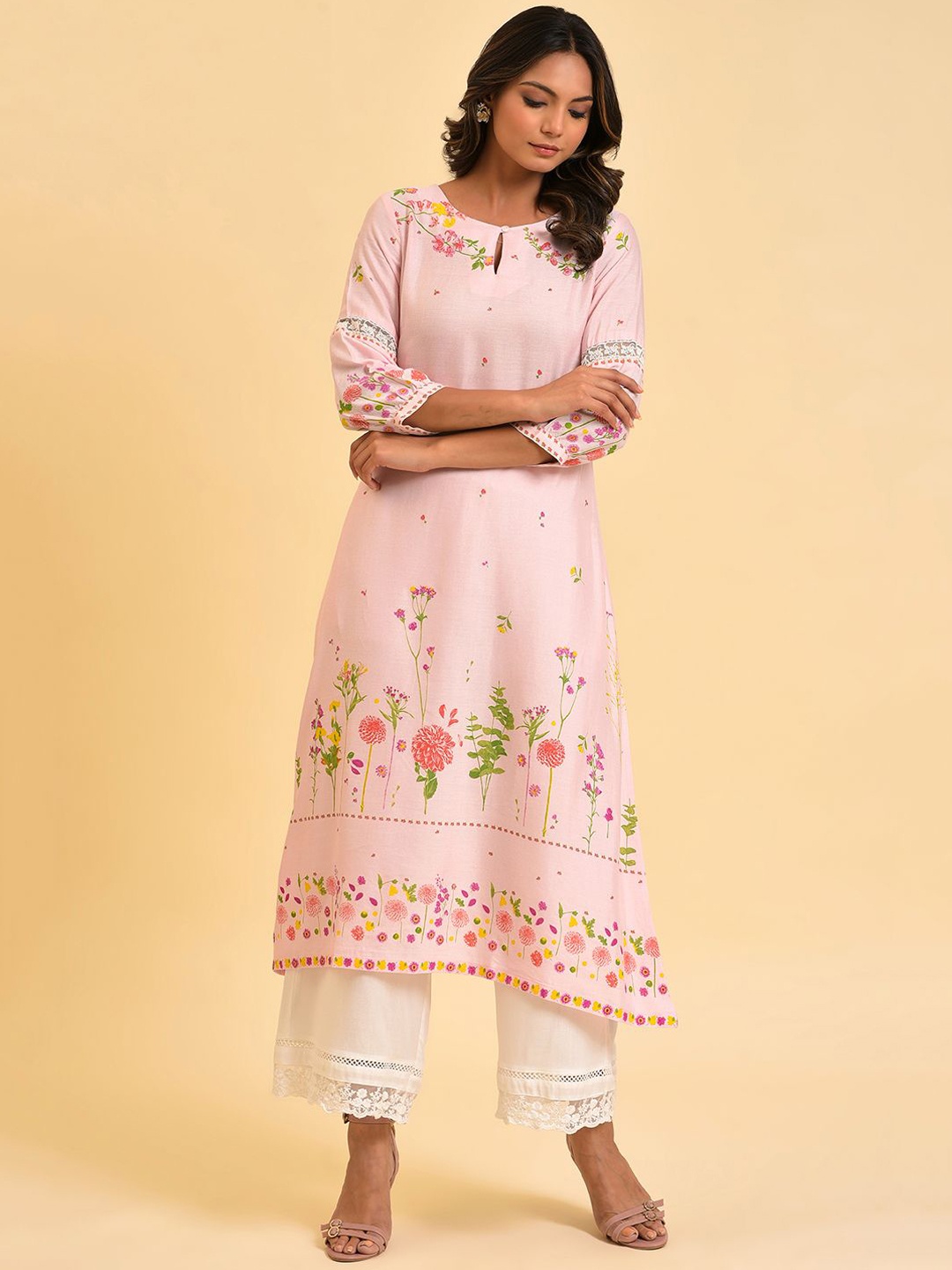 

W Floral Printed Keyhole Neck Puff Sleeves Thread Work A-Line Kurta, Pink