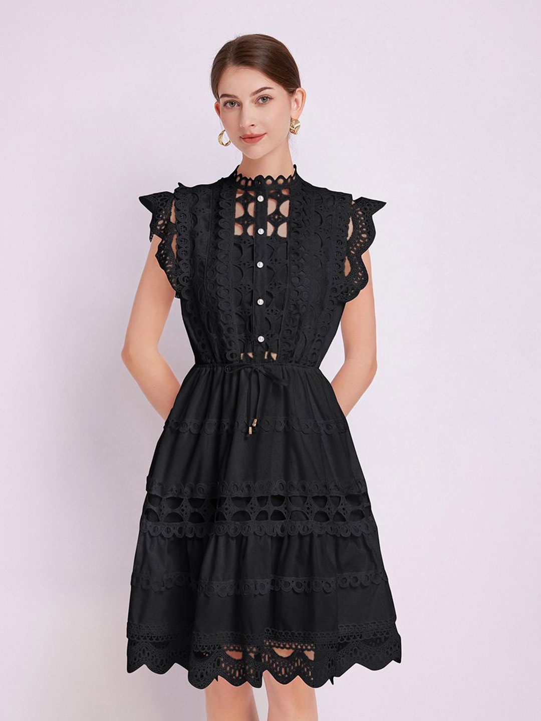 

JC Collection Self Design Flutter Sleeve Fit & Flare Dress, Black