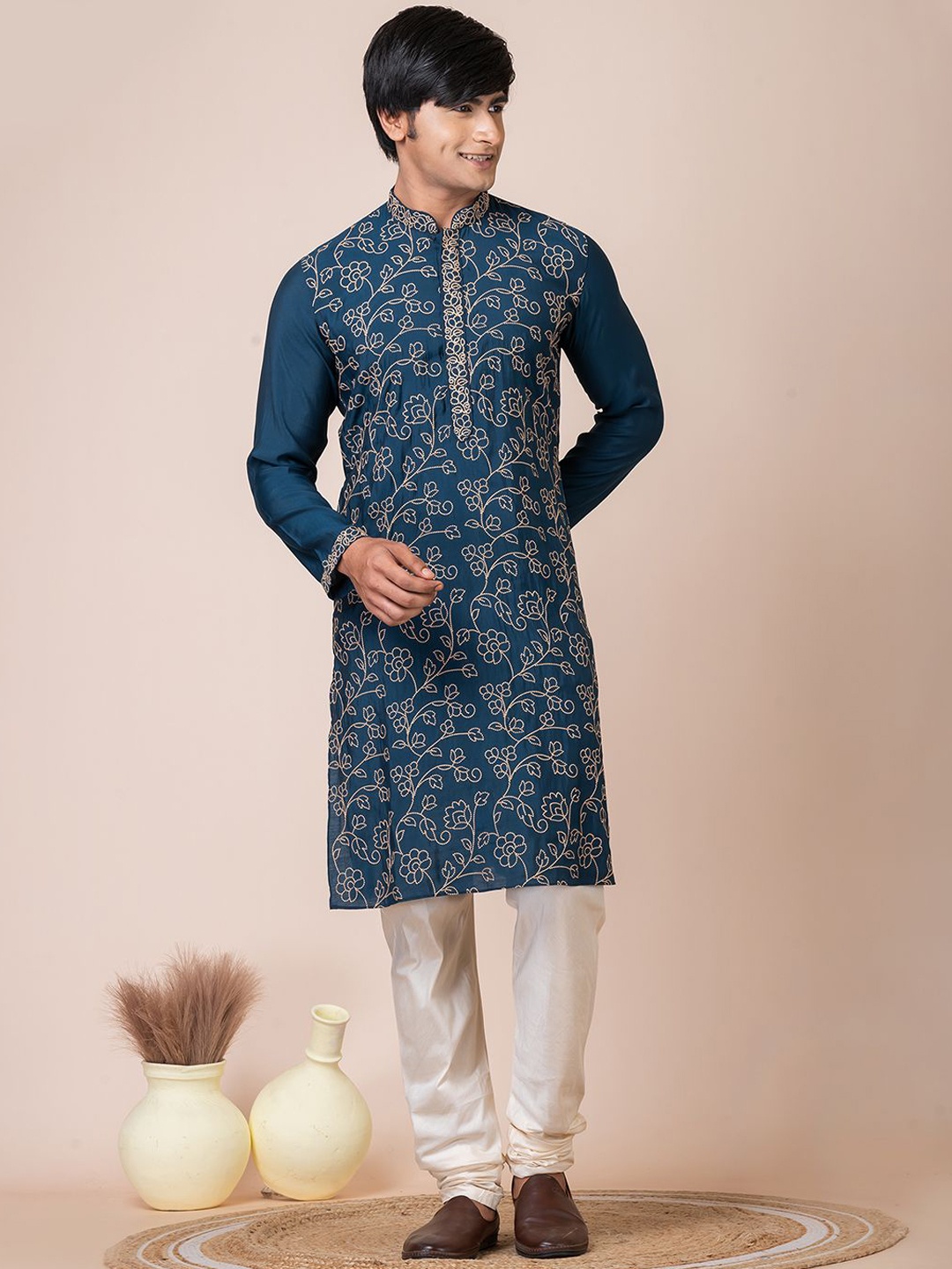 

HU - Handcrafted Uniquely Floral Embroidered Thread Work Straight Chanderi Silk Kurta, Navy blue