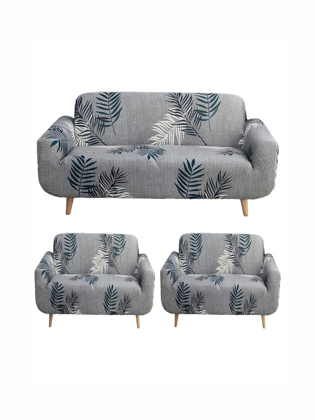 

B BESTILO Grey & White Printed Polyester 3 Piece Sofa Cover With Arms
