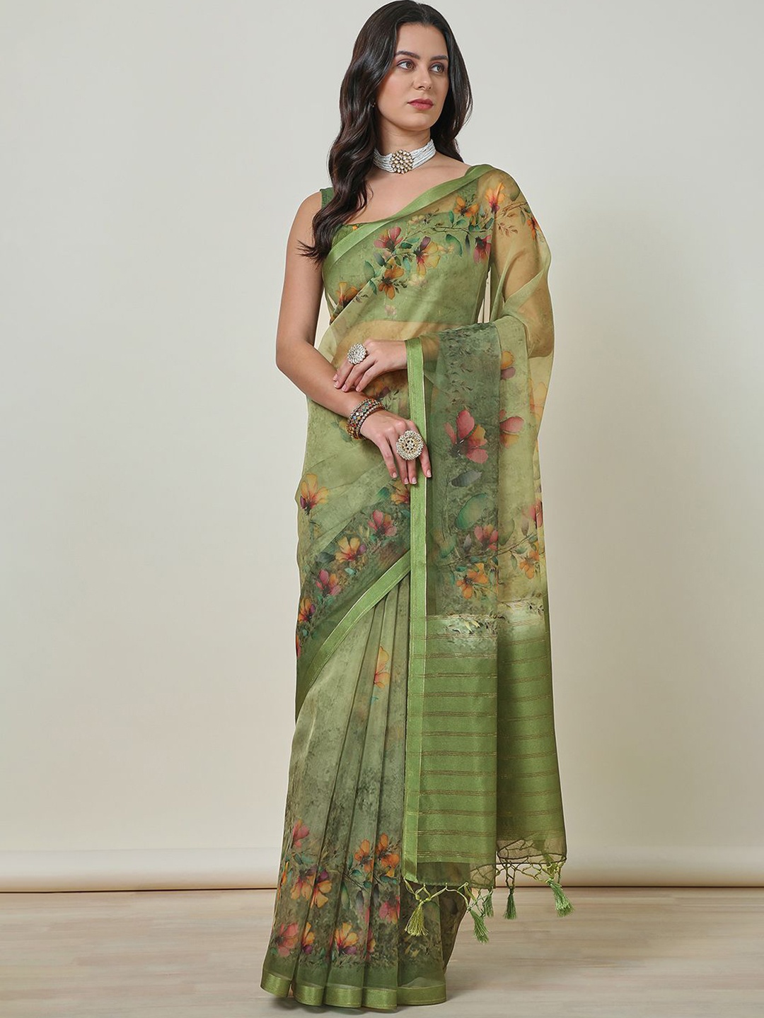 

Soch Women Organza Floral Saree With Tassels, Green