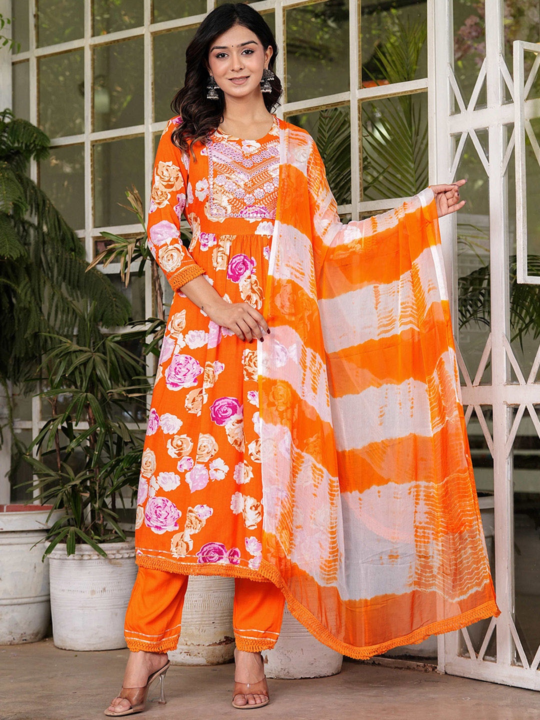 

Chandbaali Floral Printed Regular Mirror Work A-Line Kurta With Trousers & Dupatta, Orange