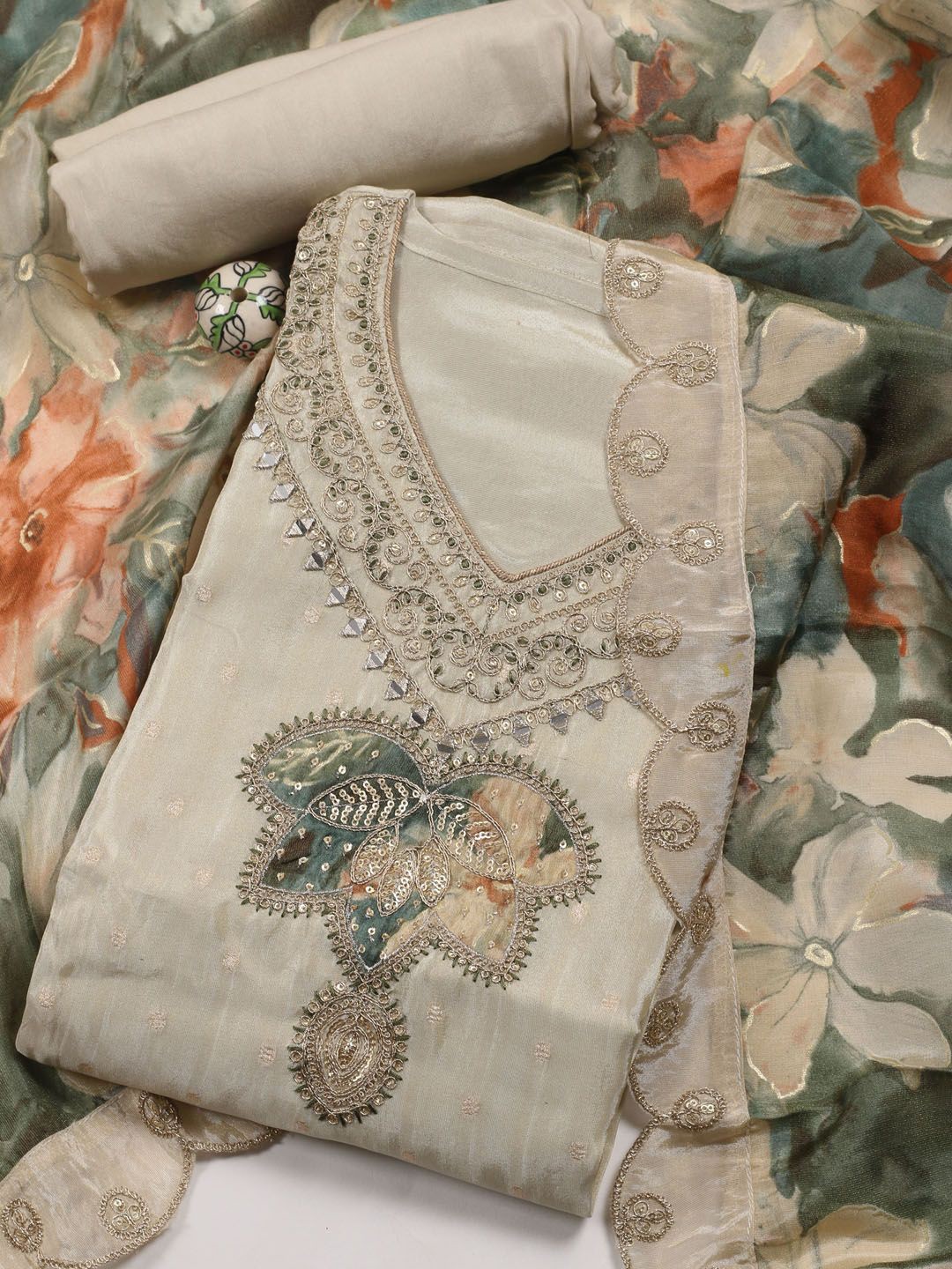 

Meena Bazaar Floral Woven Design Sequinned Unstitched Dress Material, Cream