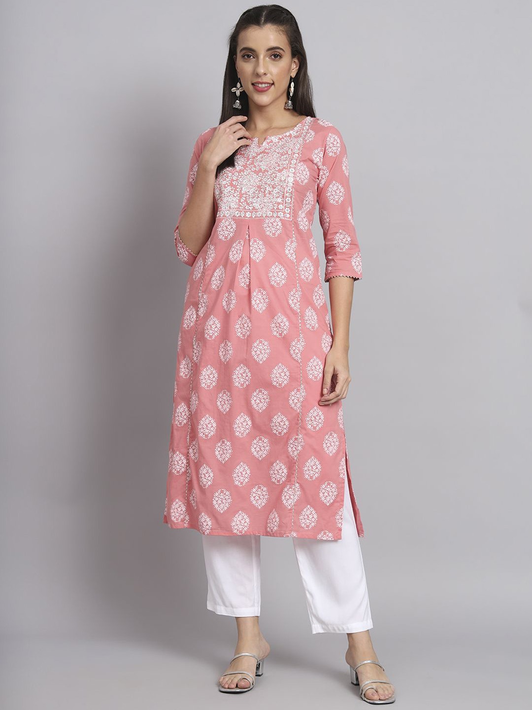 

Anouk Peach-Coloured Ethnic Motifs Printed Thread Work A-Line Kurta