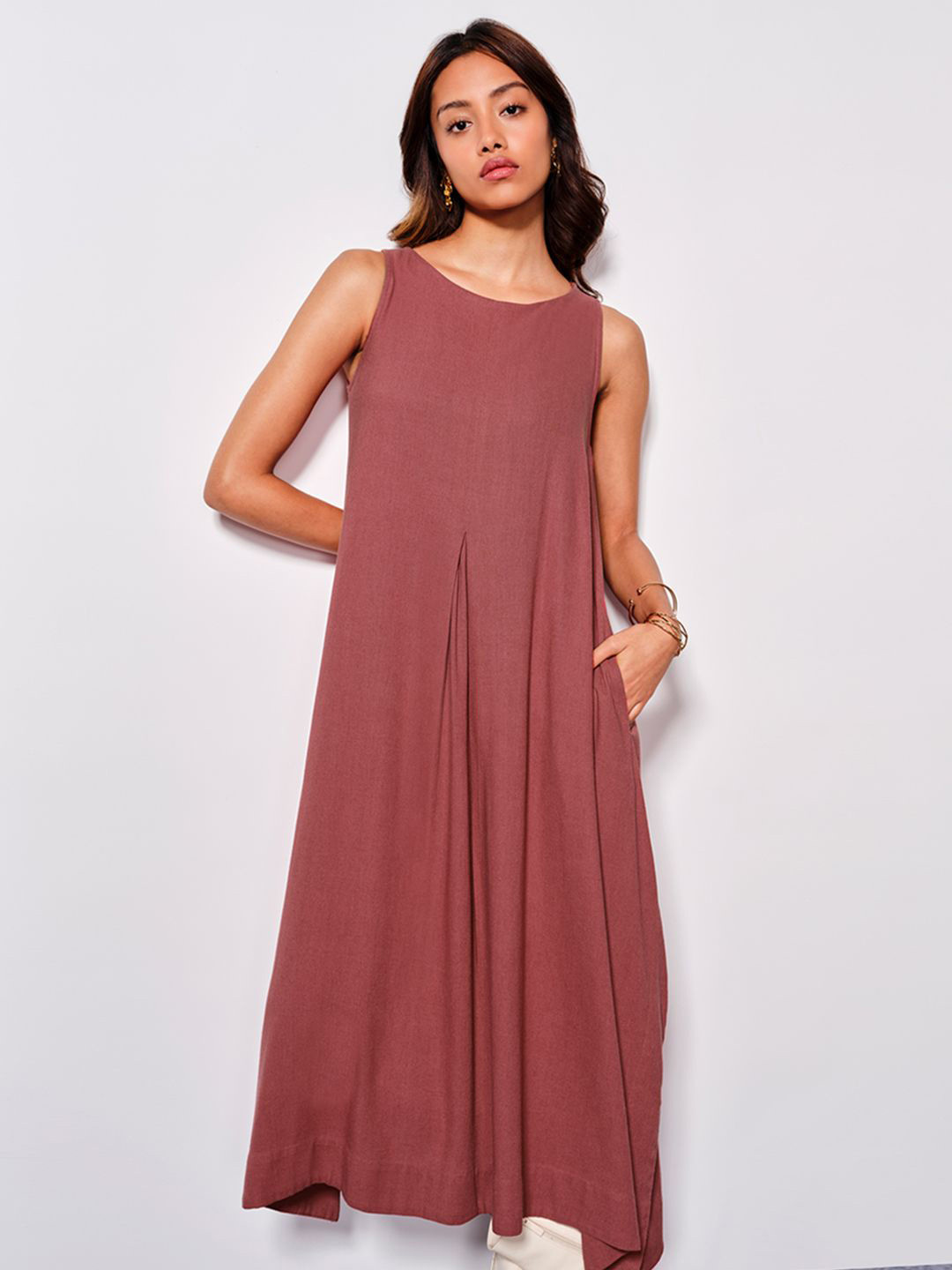 

AND Solid A-Line Midi Dress, Rust