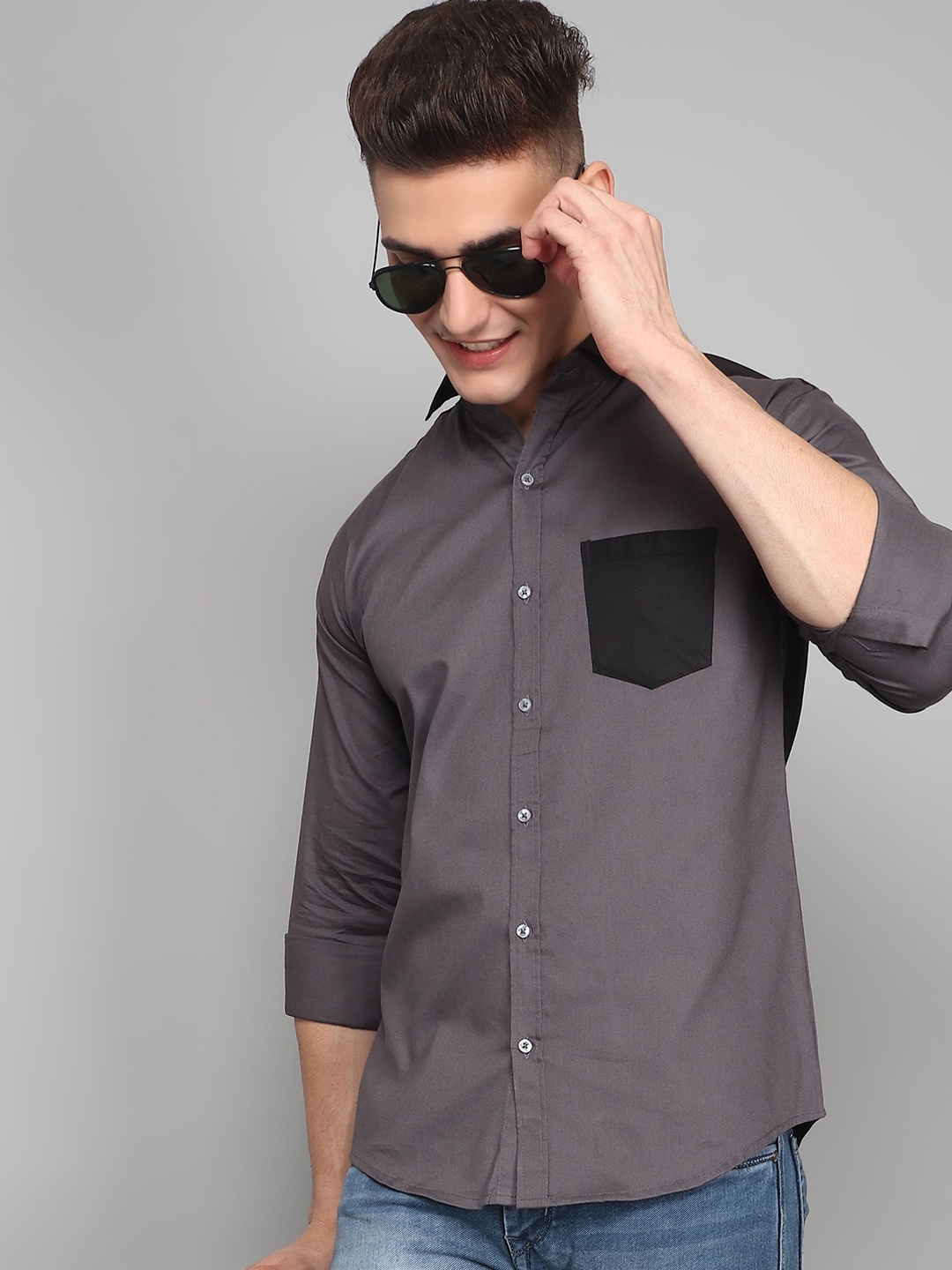 

TRYBUY.IN Men Spread Collar Solid Cotton Semiformal Shirt, Grey