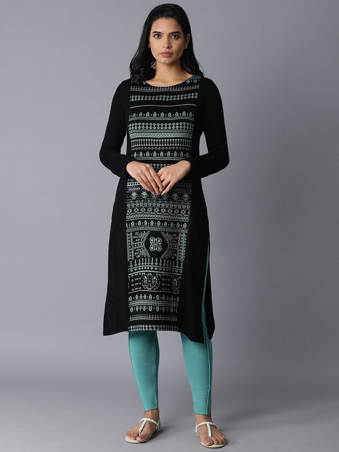 

W Ethnic Motifs Design Round Neck Acrylic Straight Kurta, Black