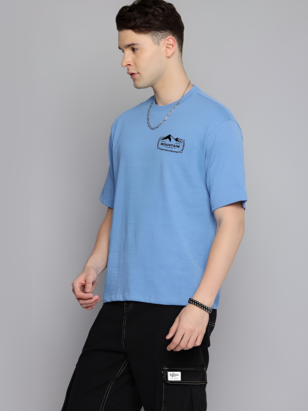 

R.Code by The Roadster Life Co. Men Solid Round Neck Cotton Oversized T-shirt, Blue
