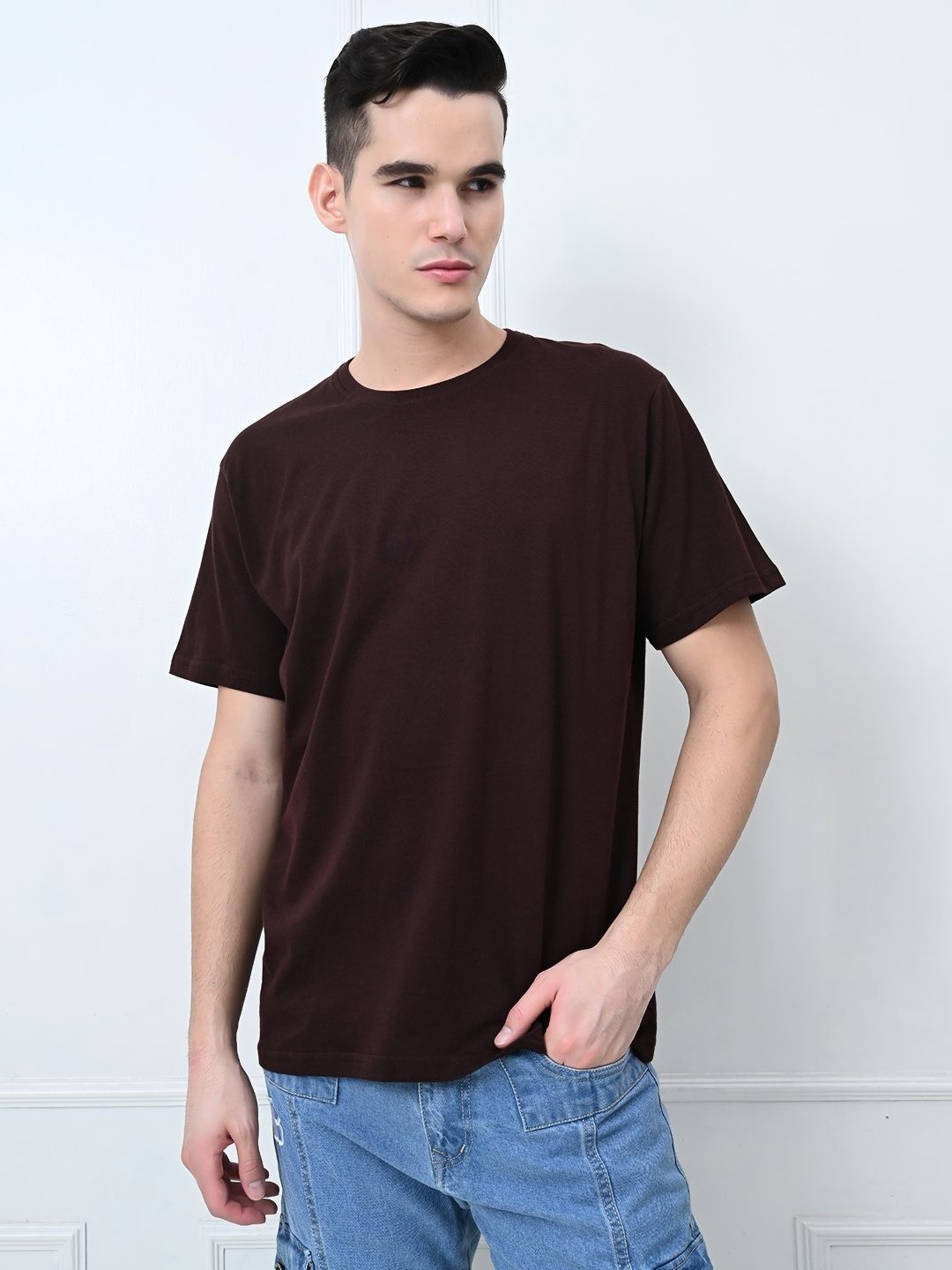 

FITINC Men Bio Finish Solid Round Neck Cotton T-shirt, Coffee brown