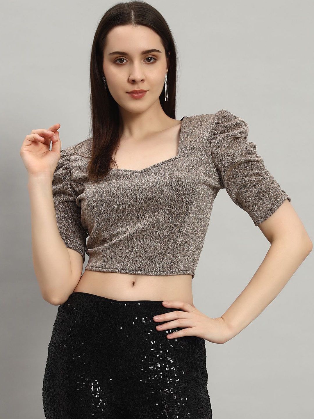 

VAARARO Square Neck Puff Sleeve Crop Top, Brown