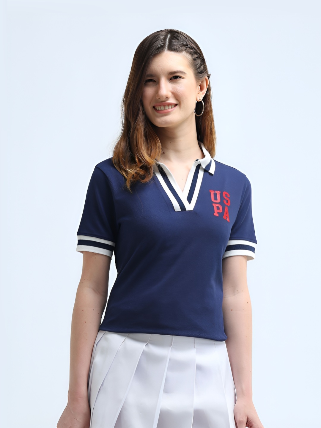 

U.S. Polo Assn. Women Typography Printed Polo Collar Cotton T-Shirt, Navy blue