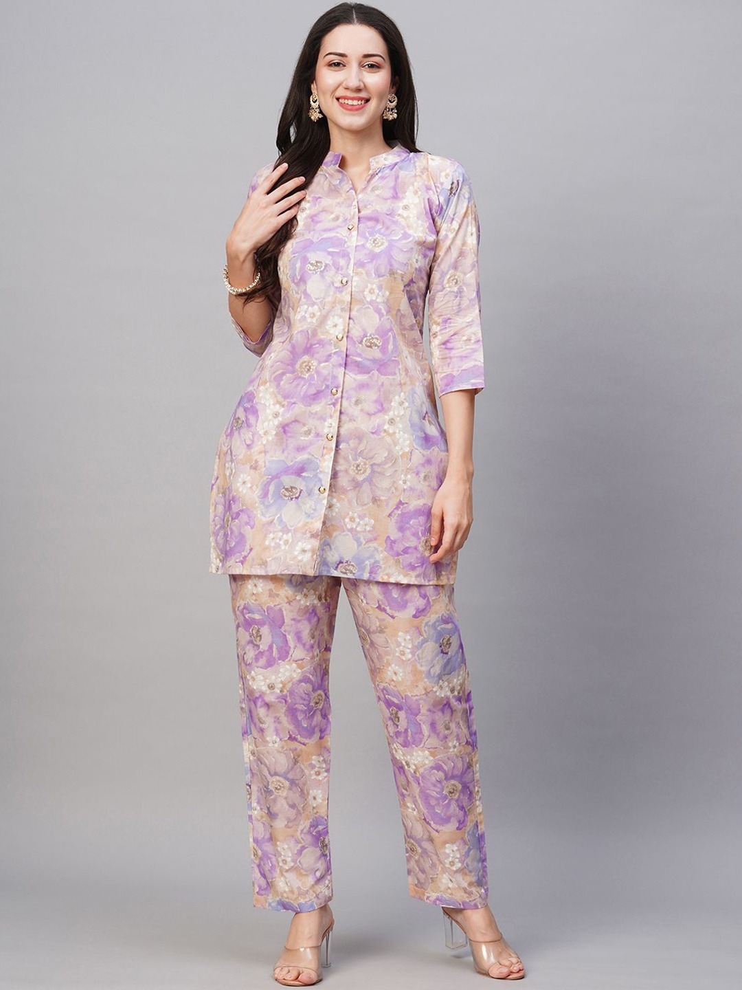 

White World Printed Mandarin Collar Pure Cotton Tunic with Trouser, Lavender