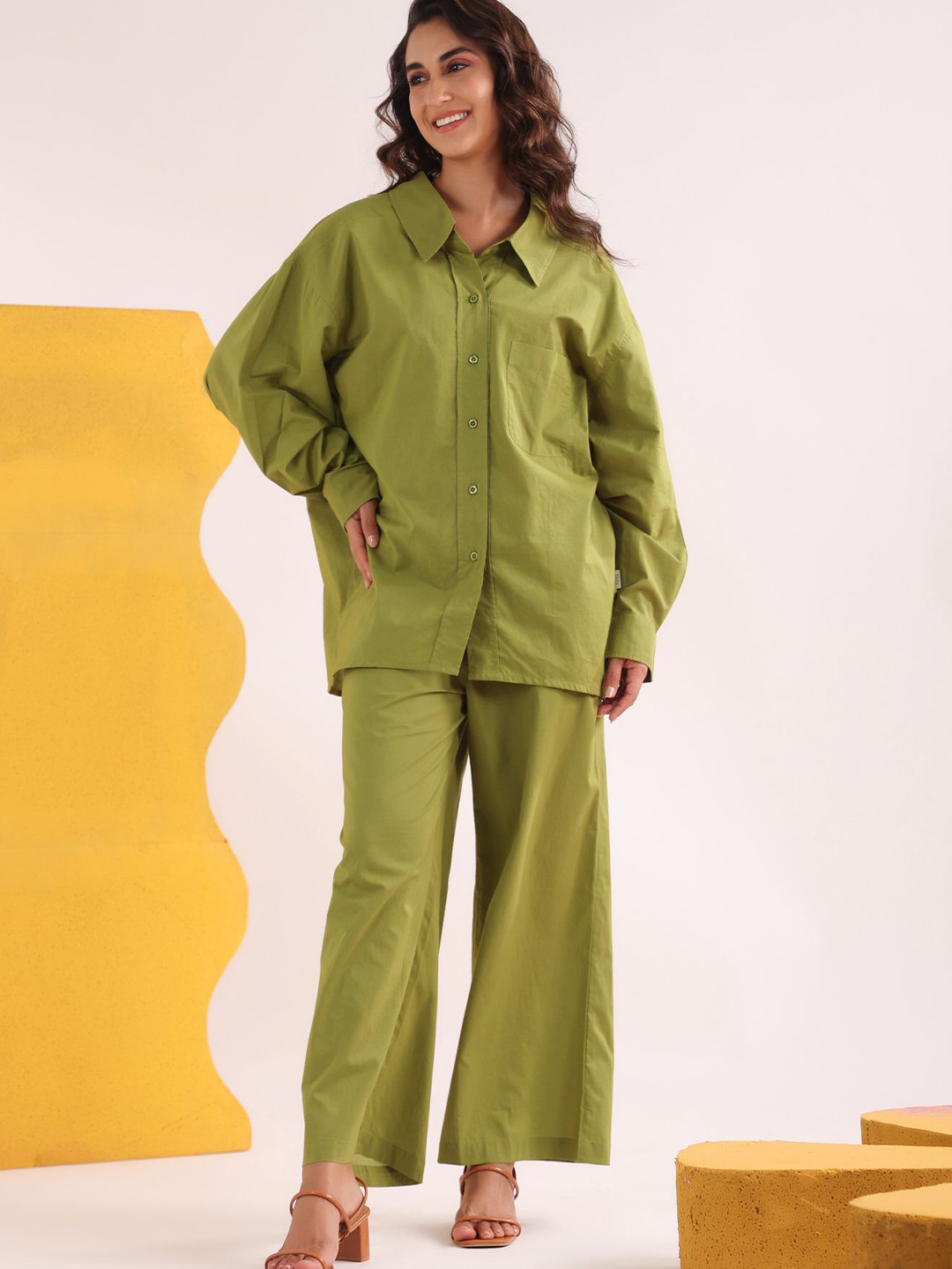 

JISORA Shirt Collar Pure Cotton Shirt With Trousers, Green