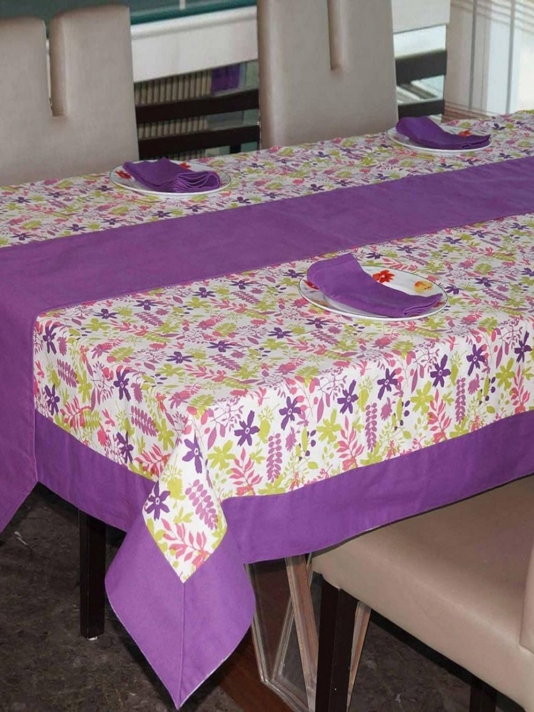 

Lushomes Purple & White 9 Pieces Floral Cotton 6-Seater Table Cover