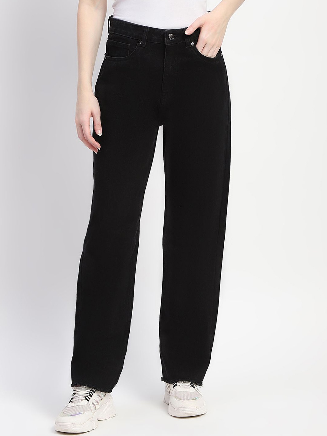 

Madame Women Wide Leg Mid-Rise Jeans, Black