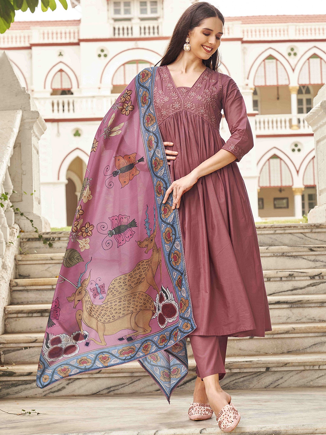 

Tikhi Imli Floral Yoke Design Empire Thread Work Pure Cotton Kurta with Trousers & Dupatta, Pink