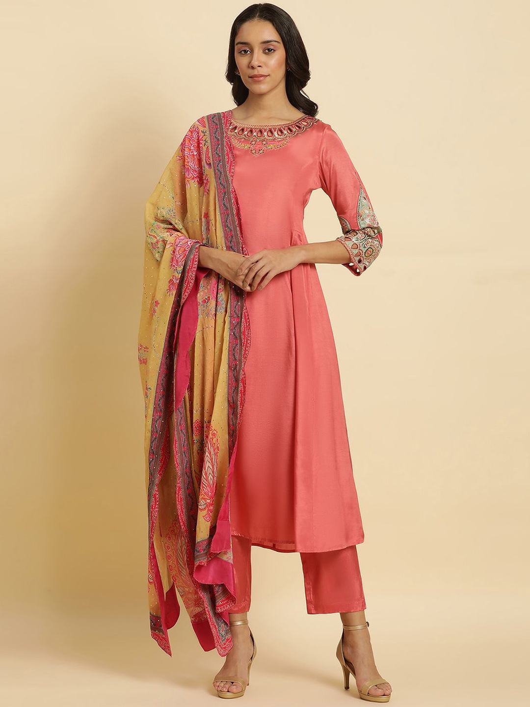 

WISHFUL Floral Yoke Design Sequinned Regular Kurta With Trousers & Dupatta, Pink