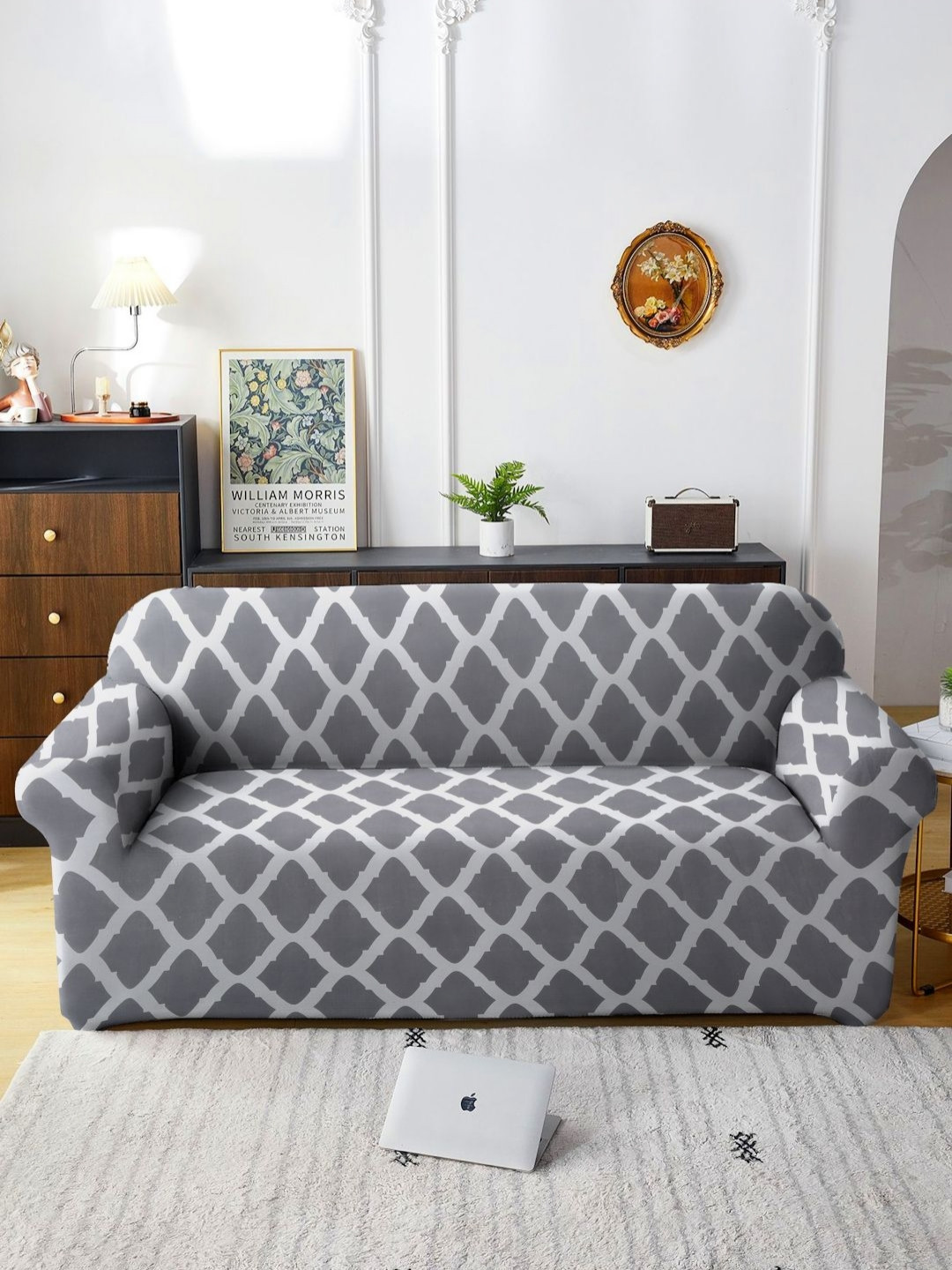 

HOSTA HOMES Grey & Off White Printed 5 Pieces Sofa Cover With Arms