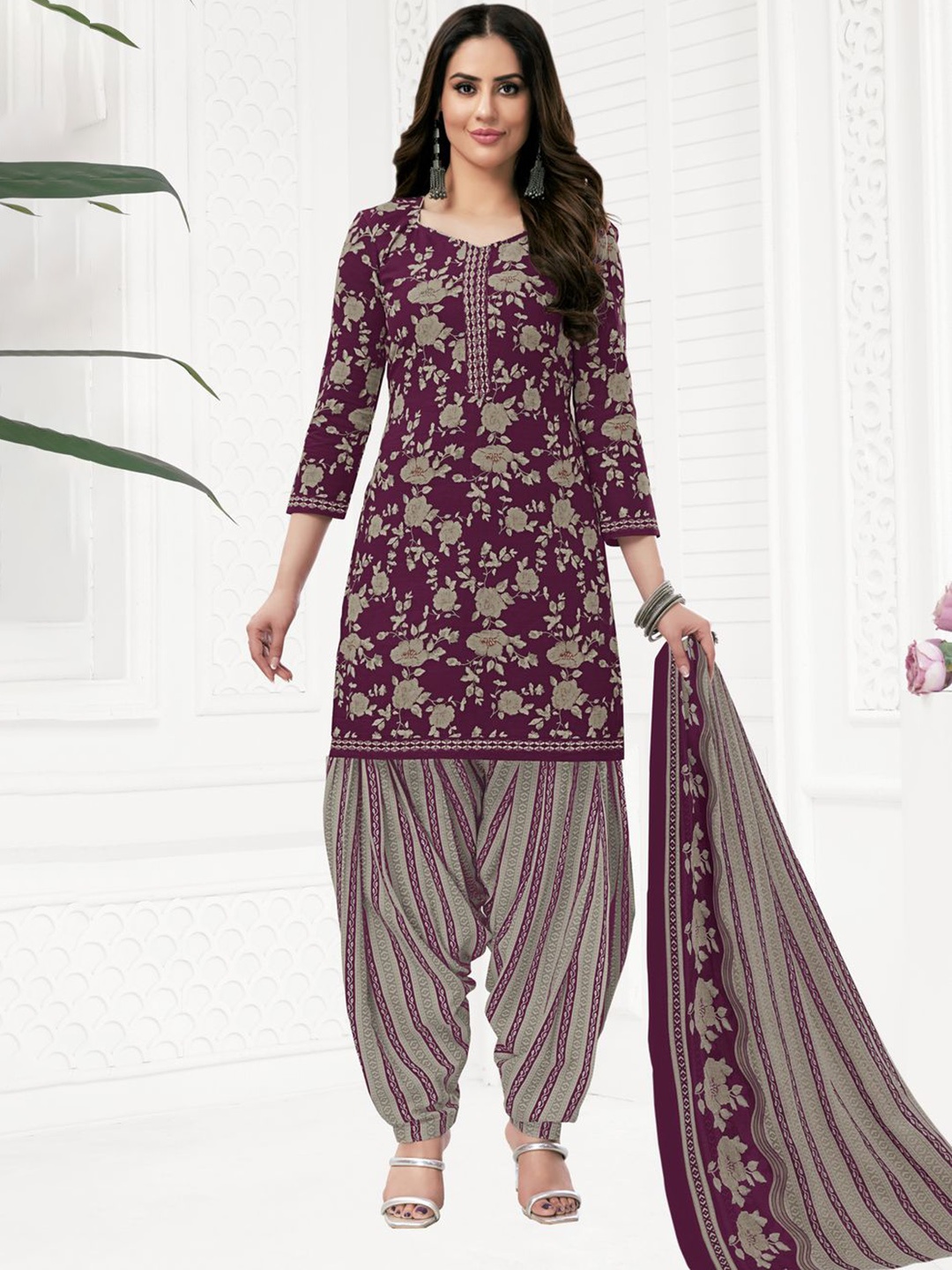 

MIRAAN Floral Printed Pure Cotton Unstitched Dress Material, Purple