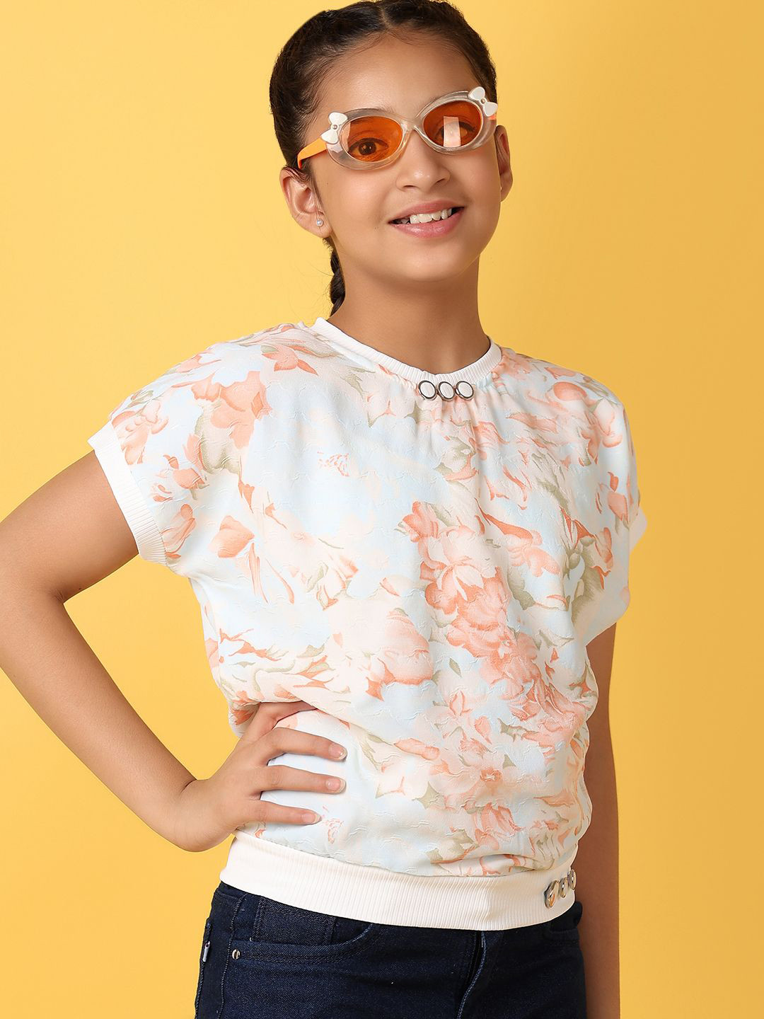 

V-Mart Floral Print Extended Sleeves Cotton Top, Turquoise blue