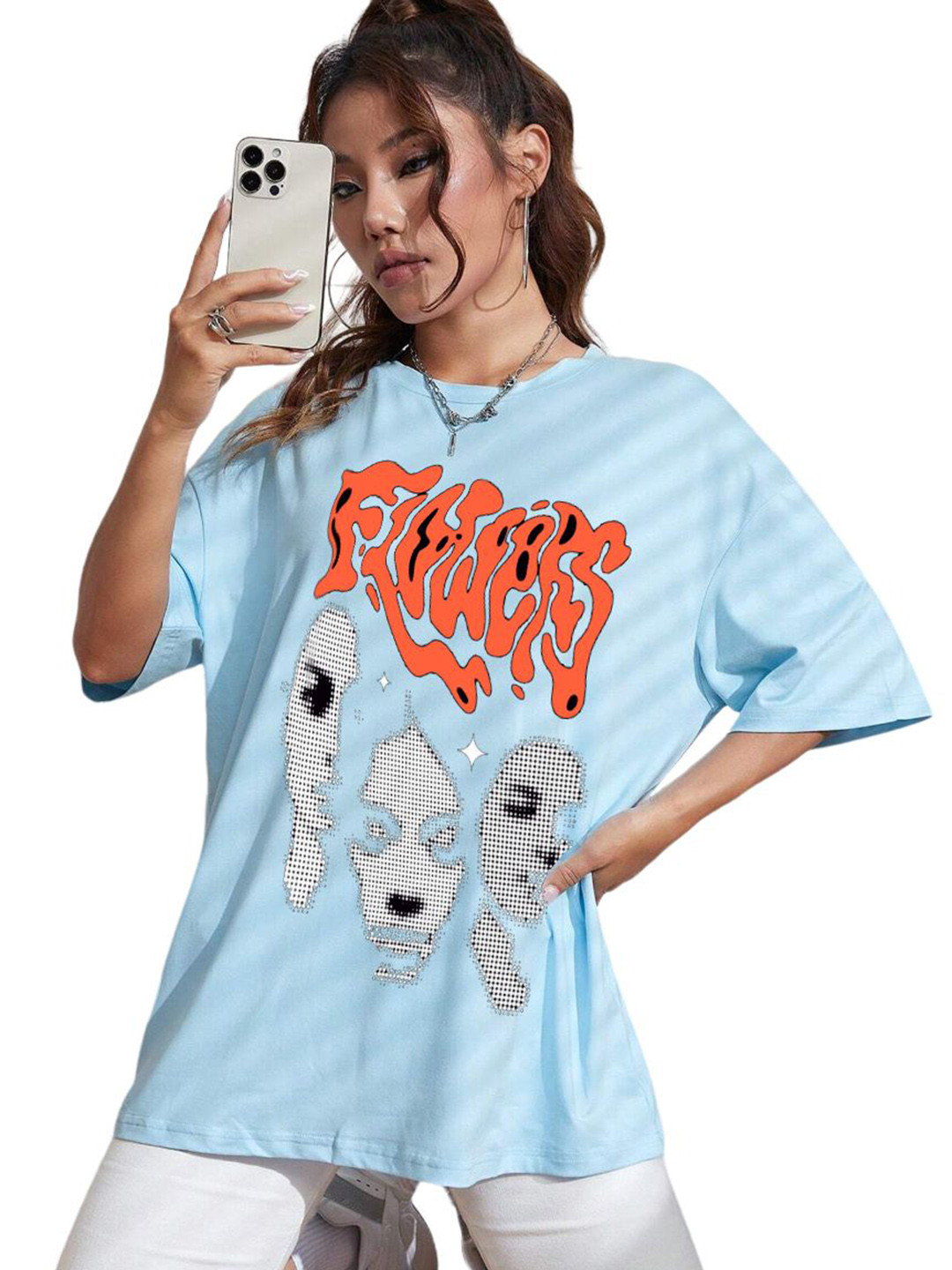 

TABADTOD Women Abstract Printed Oversized T-shirt, Blue