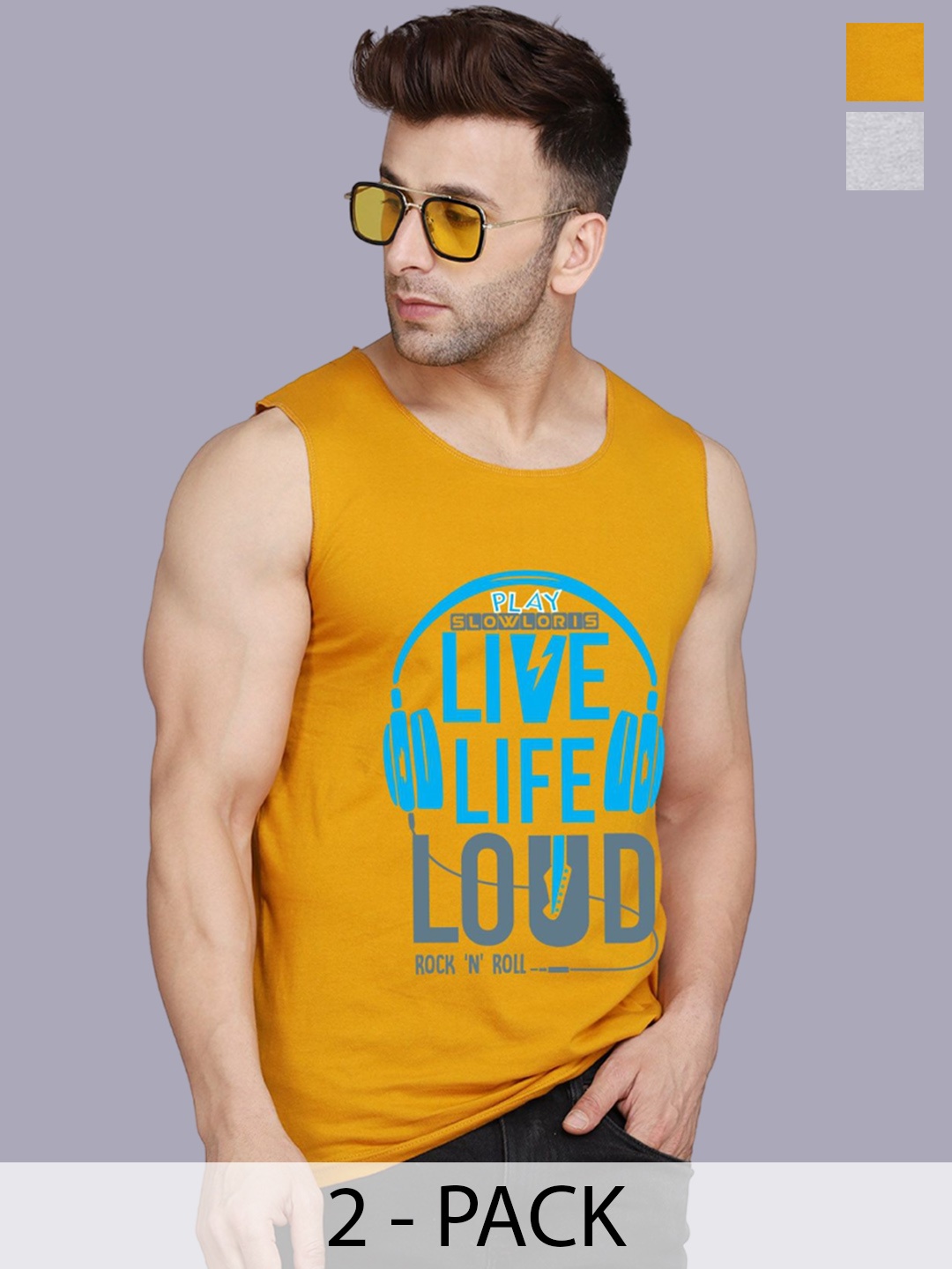 

SLOWLORIS Men Pack Of 2 Printed Sleeveless Gym Vests, Mustard