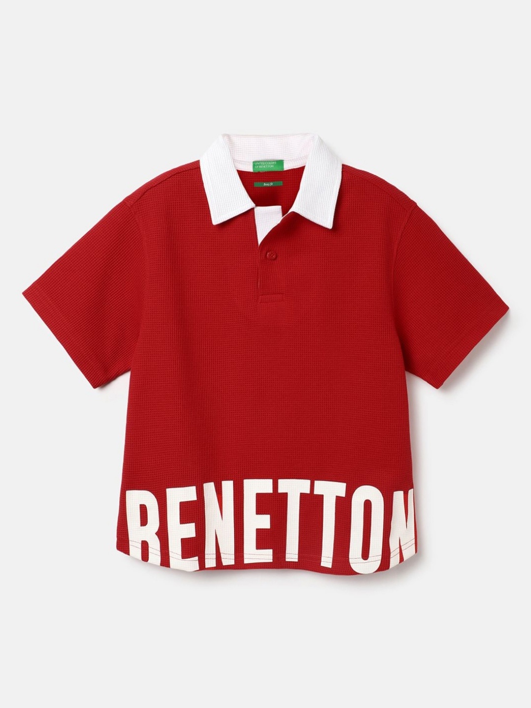 

United Colors of Benetton Boys Typography Polo Collar Applique Boxy T-shirt, Red