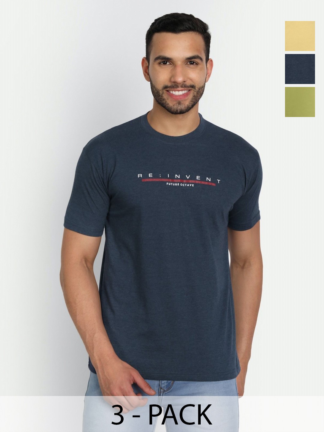 

ZEFFIT Men Pack Of 3 Typography Printed Round Neck Cotton T-shirts, Navy blue
