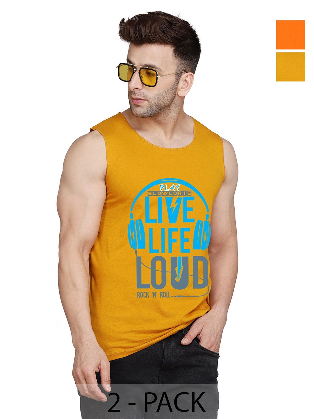 

SLOWLORIS Men Pack Of 2 Typography Printed Round Neck Cotton Slim Fit T-shirts, Mustard