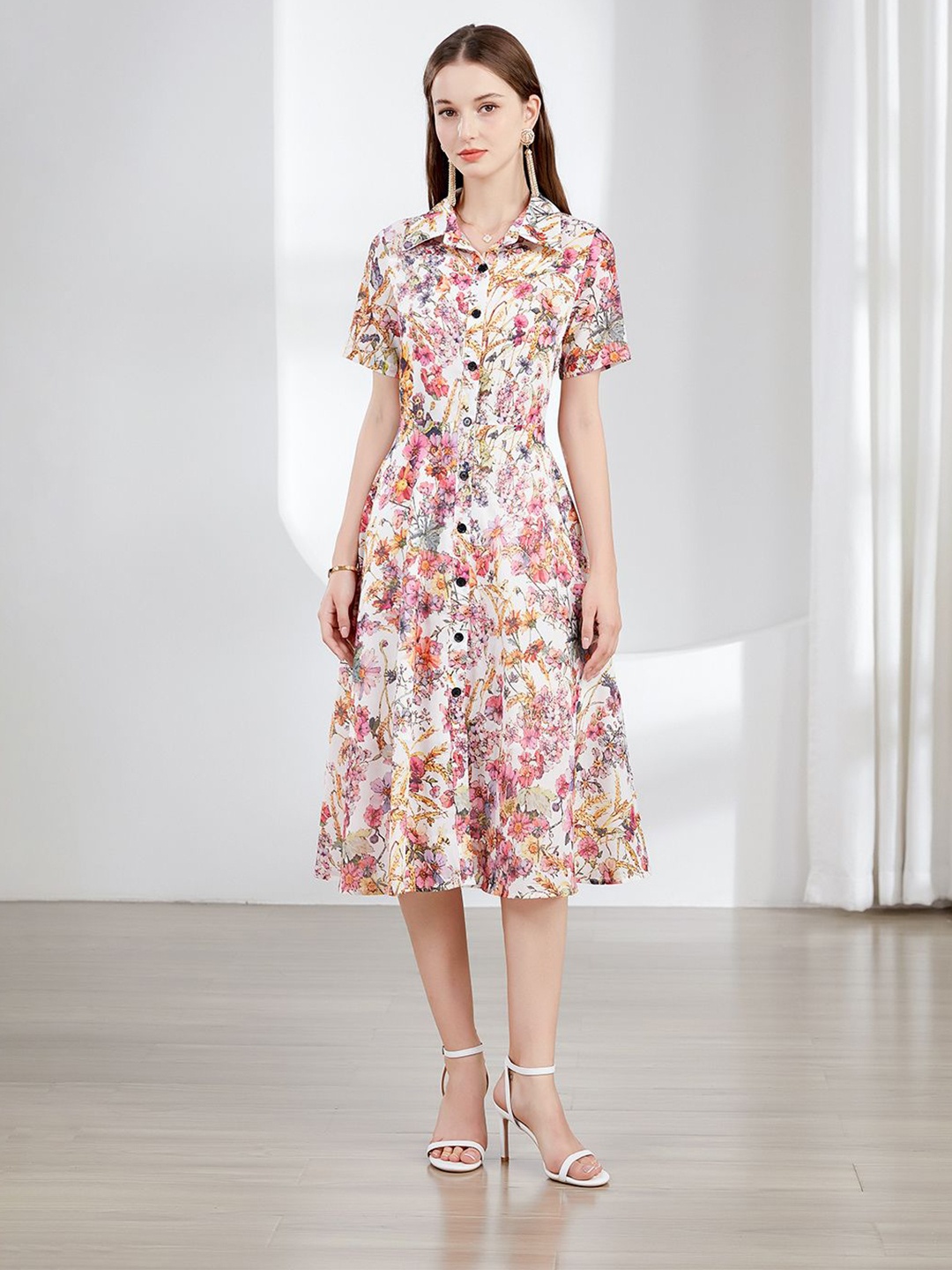 

JC Collection Floral Printed Shirt Collar Shirt Dress, Pink