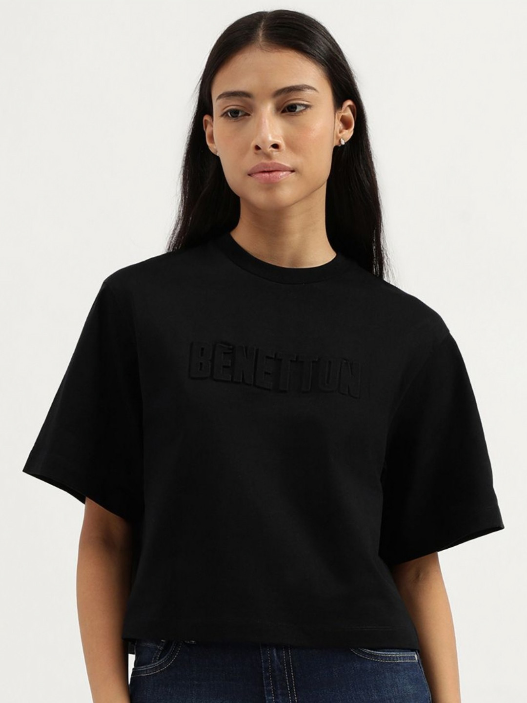 

United Colors of Benetton Women Typography High Neck Pure Cotton T-shirt, Black