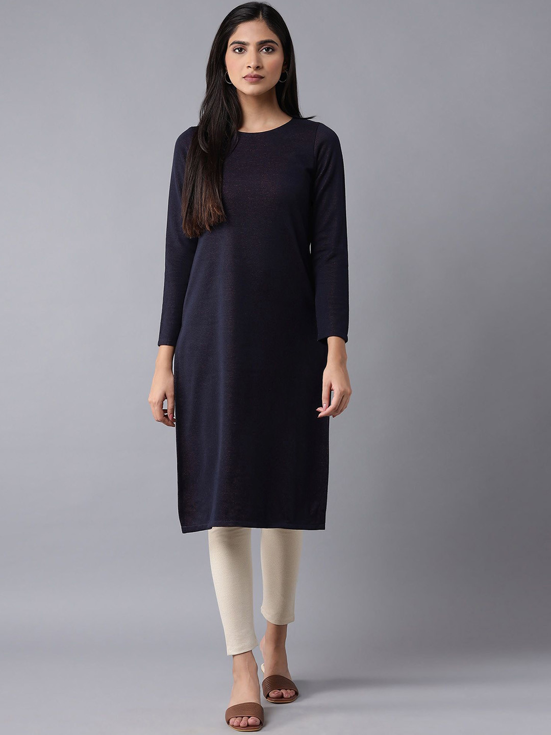 

W Round Neck Straight Kurta, Navy blue